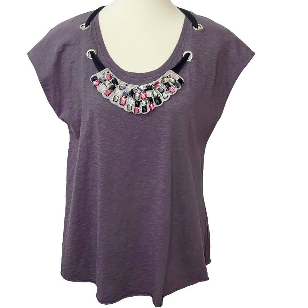 XS LaRok Eggplant Purple Cut Off Raw Hem Boxy Loose Fit Jeweled Tee Shirt Top